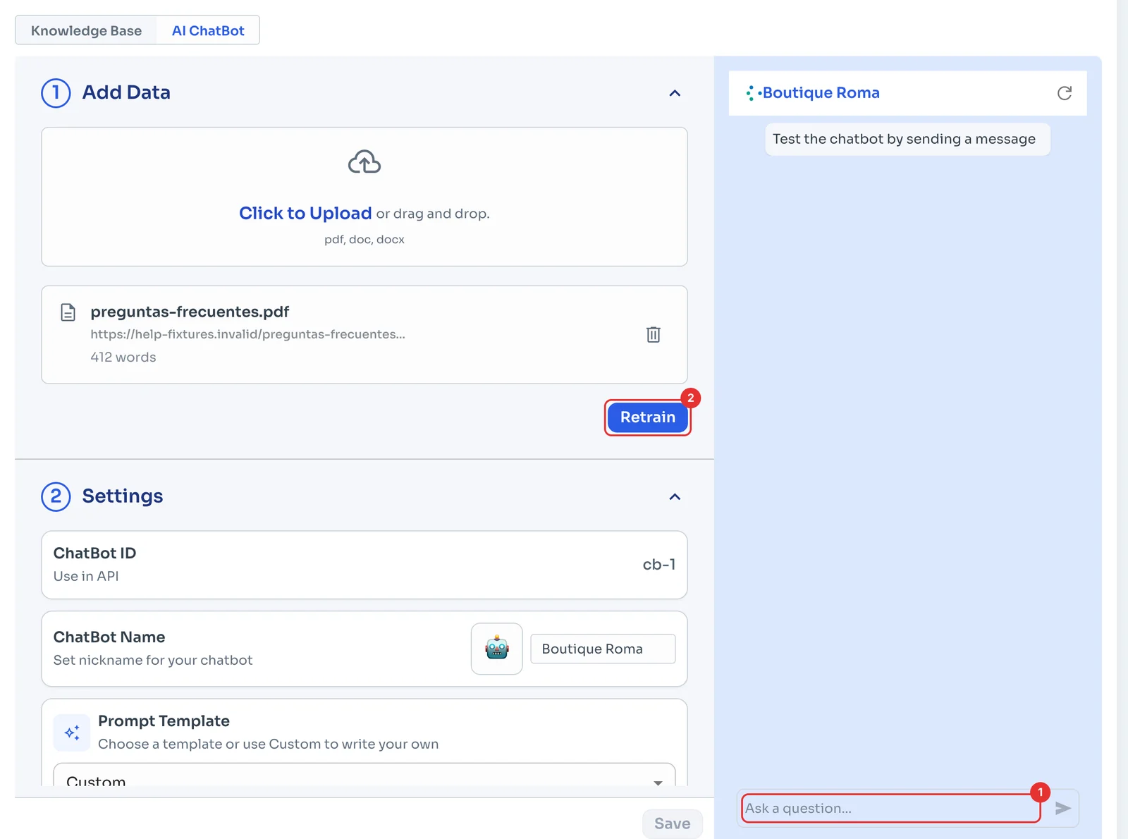 Test chat with the question box and the Retrain button