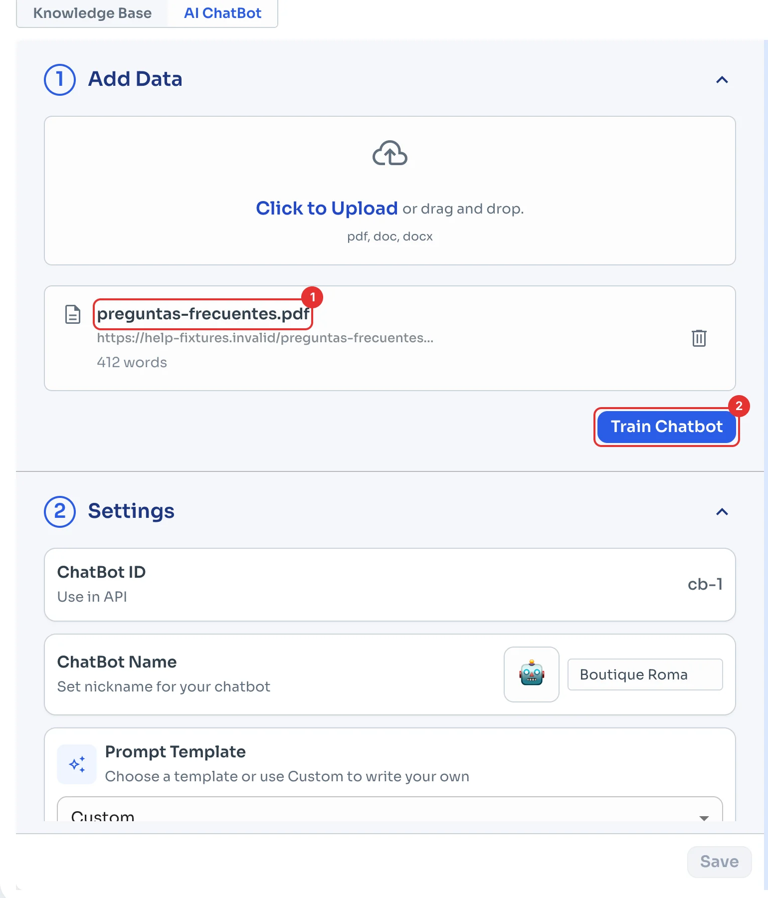 Uploaded document and the Train Chatbot button