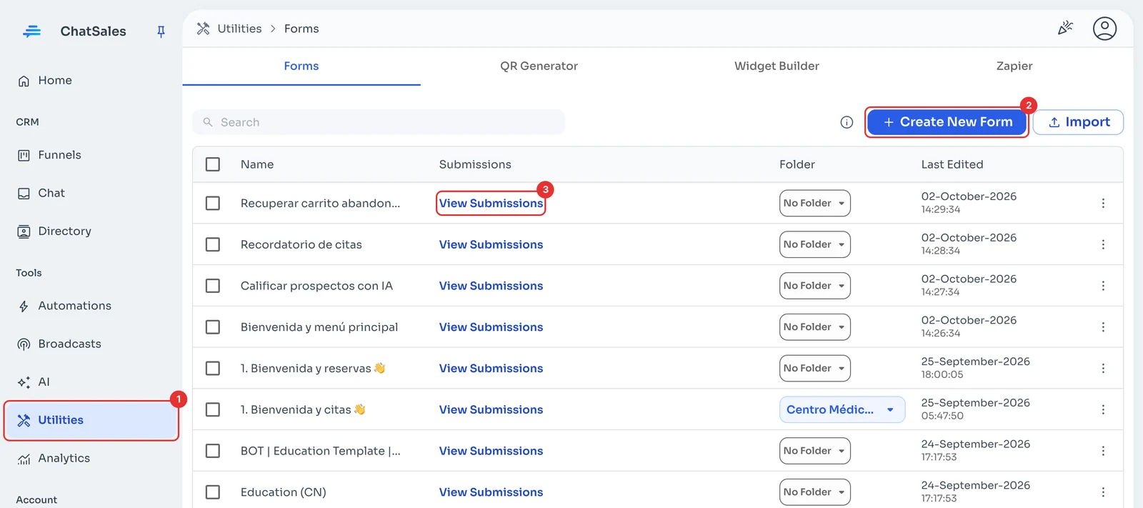 Form list with Create New Form and View Submissions