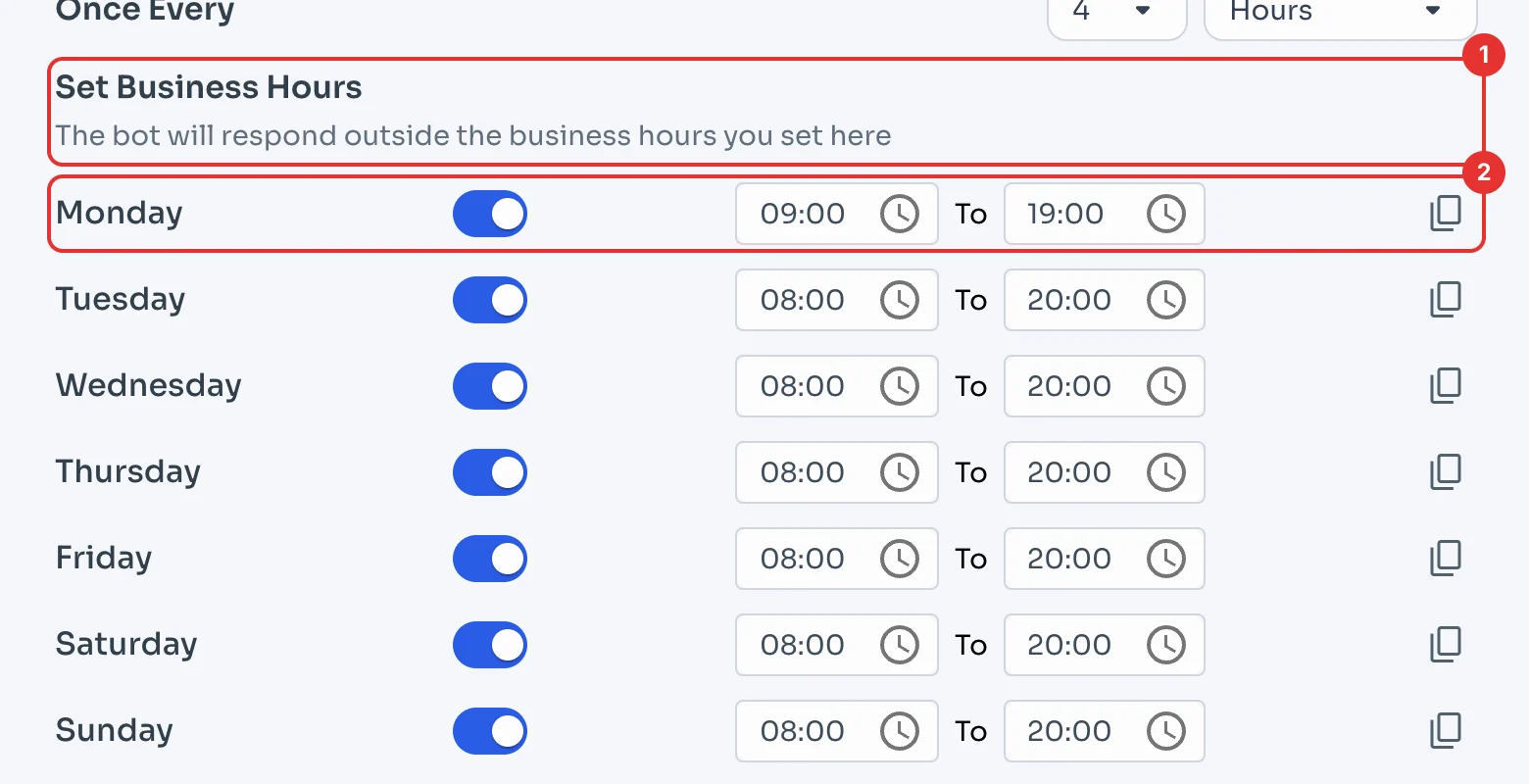 Set Business Hours with Monday 09:00 to 19:00