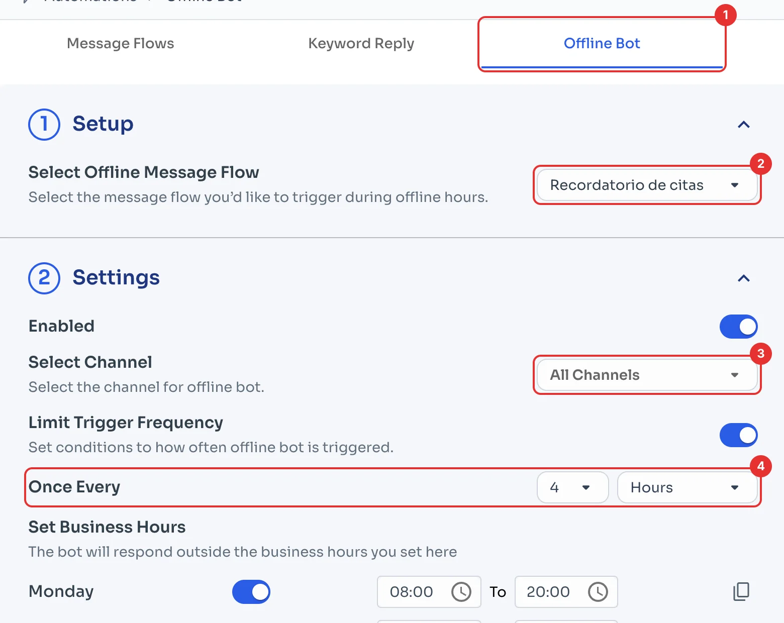 Offline Bot tab with the flow, channel and frequency