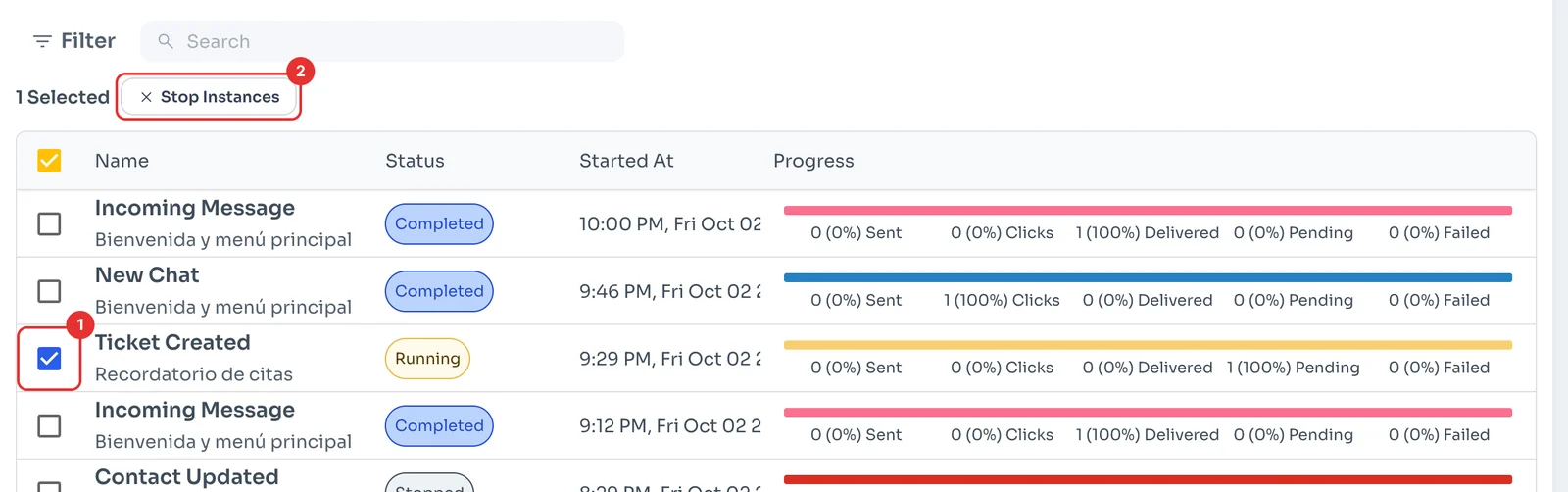Selected row with the Stop Instances button