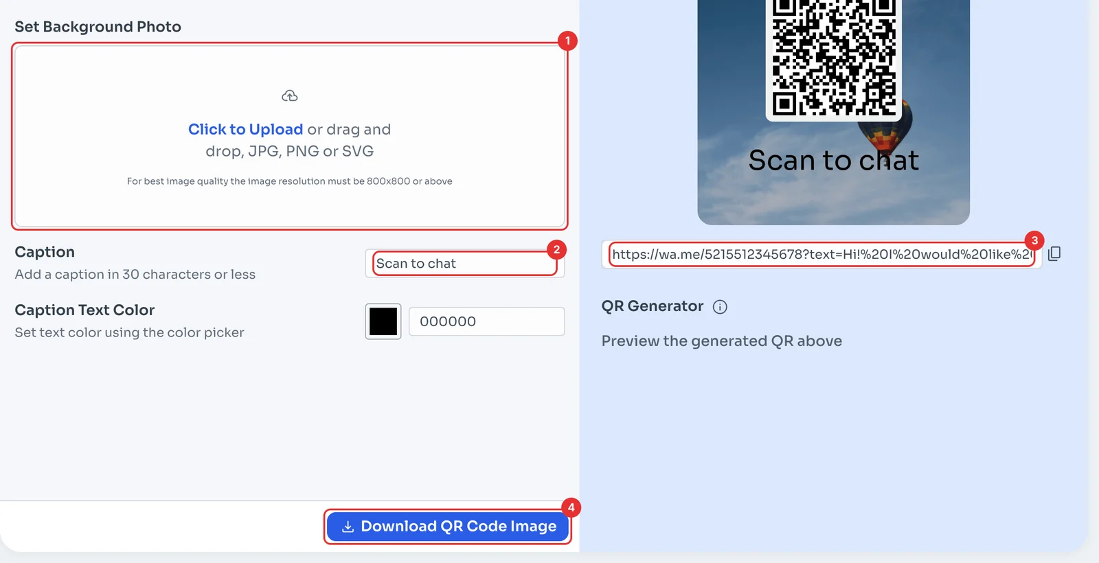 Background photo, Caption, WhatsApp link and Download QR Code Image