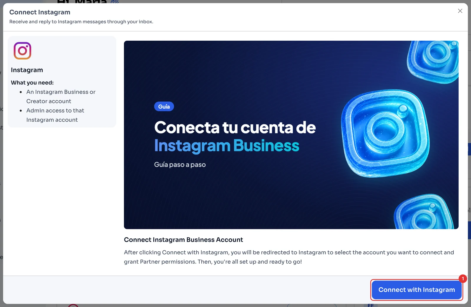 Connect Instagram window with the Connect with Instagram button
