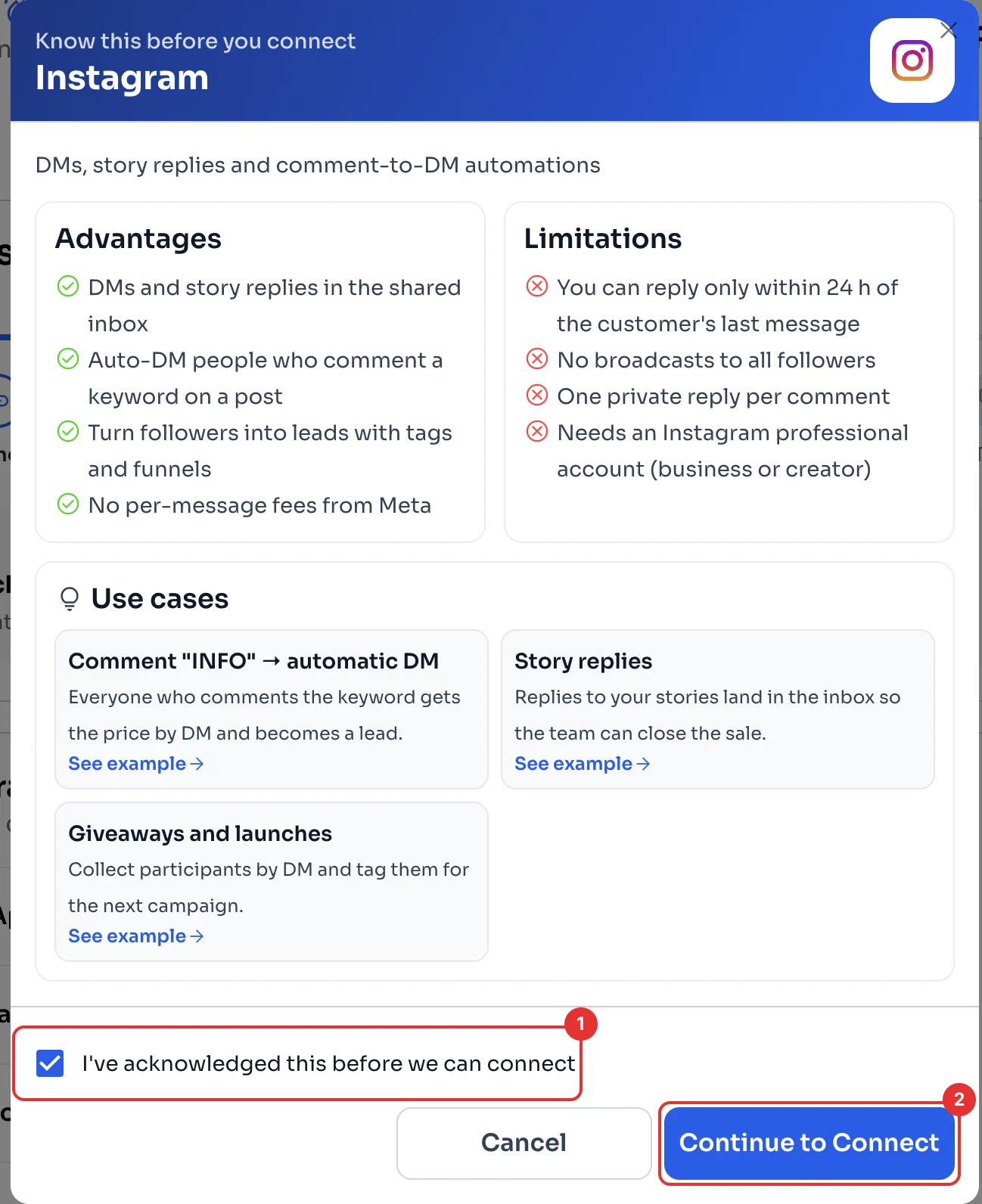 Know this before you connect window for Instagram