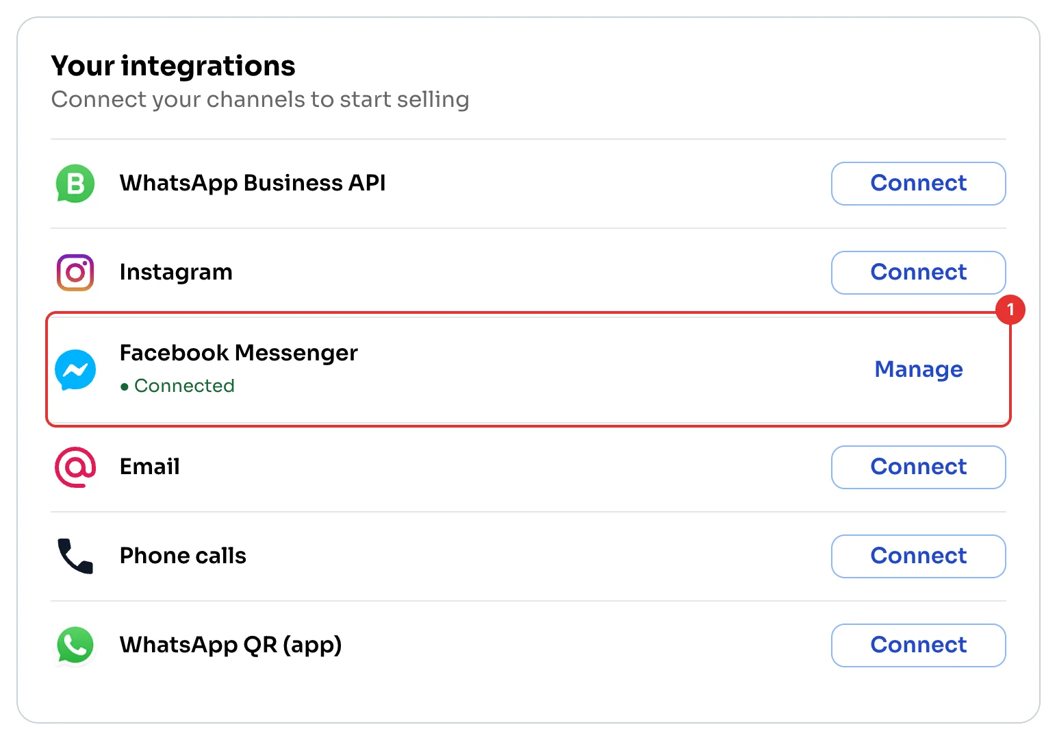 Facebook Messenger connected in Your integrations