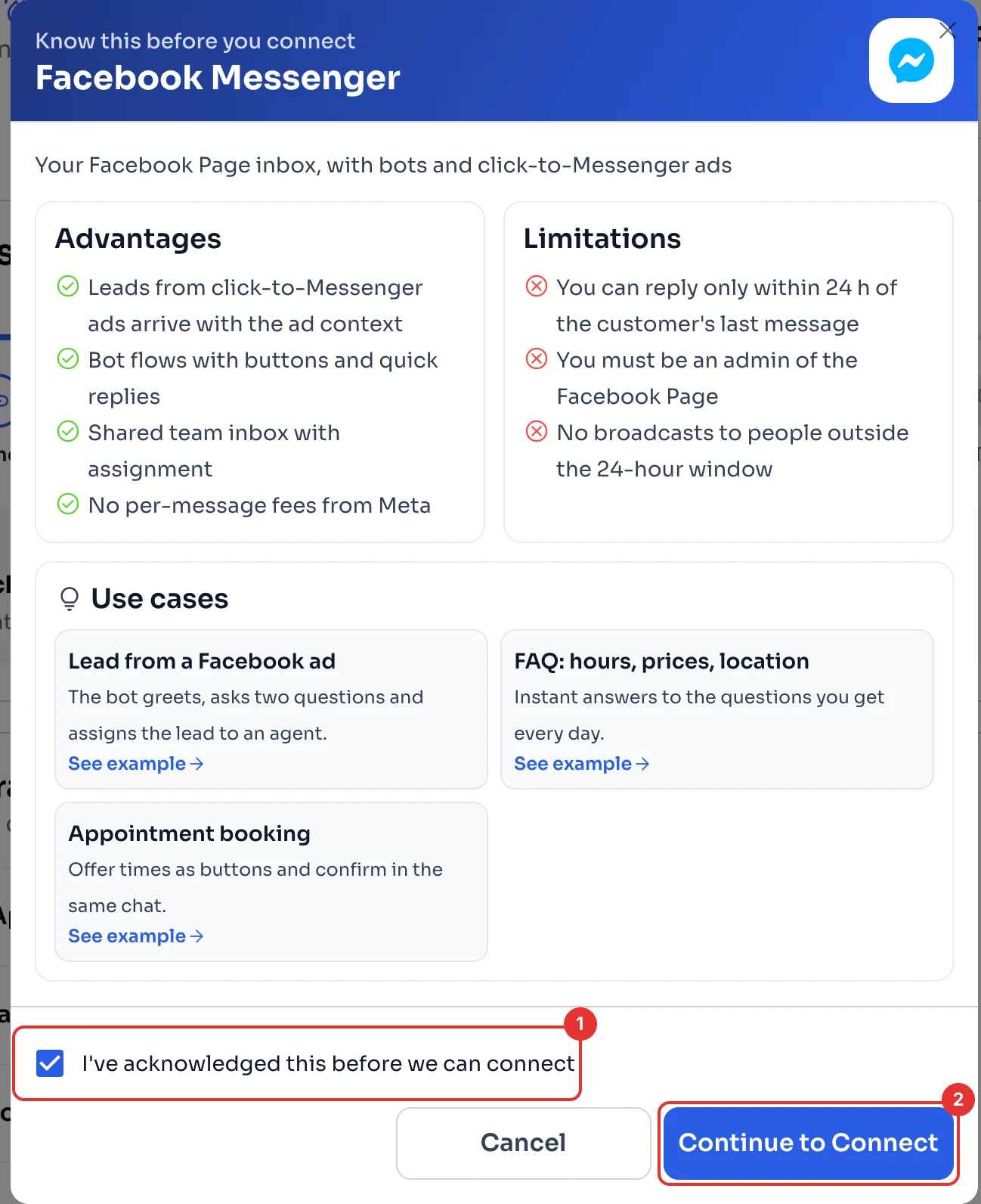 Know this before you connect window for Facebook Messenger