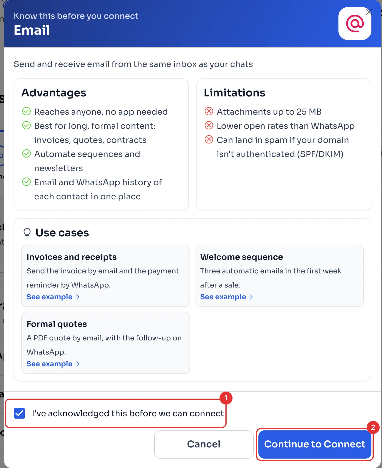 Know this before you connect window for Email