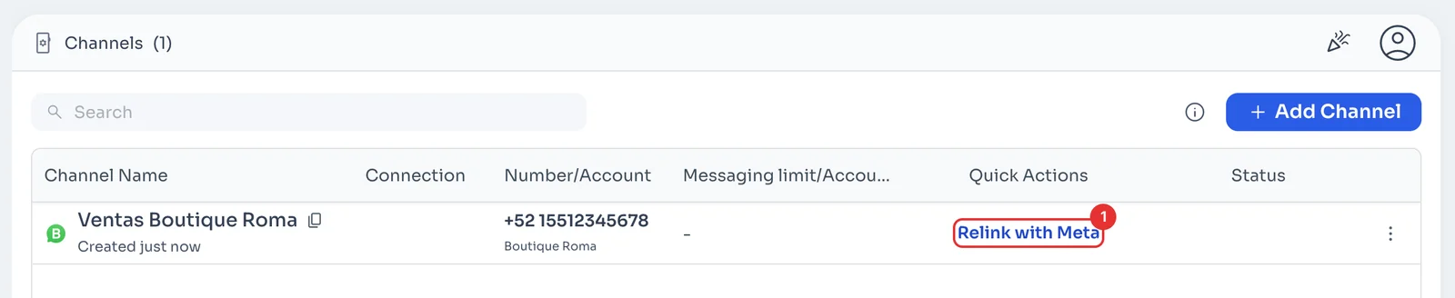WhatsApp Business API channel with the Relink with Meta button