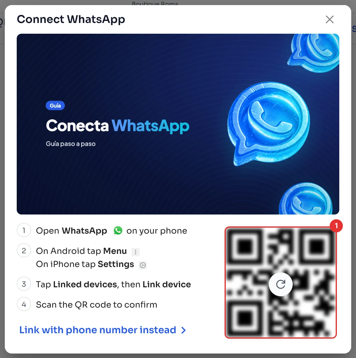 Connect WhatsApp window with the QR code