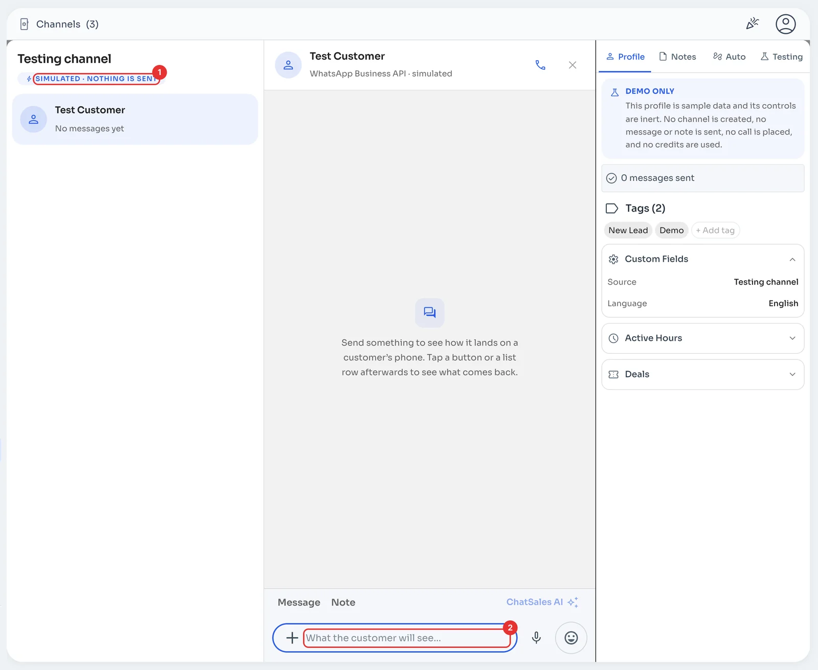 Testing channel with the Test Customer chat