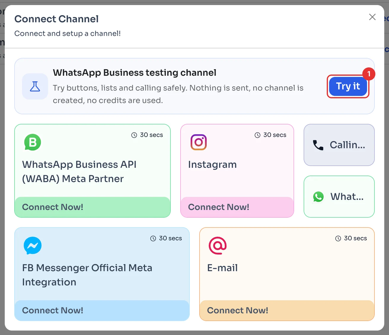 Connect Channel window with the Try it button of the testing channel