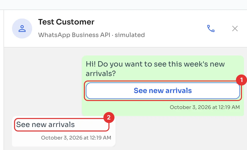Message with a button and the test customer reply