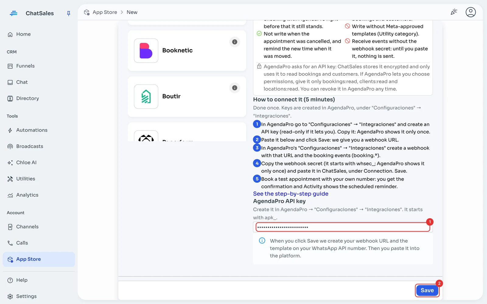 AgendaPro API key field and Save button
