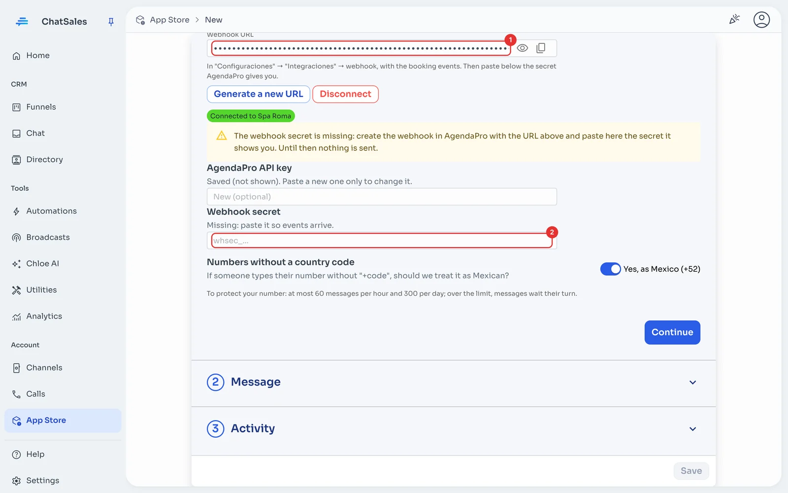Connection section with the webhook URL and the secret field