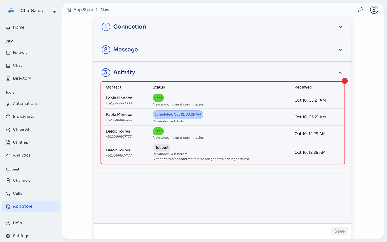 Activity section with the submissions received and their status