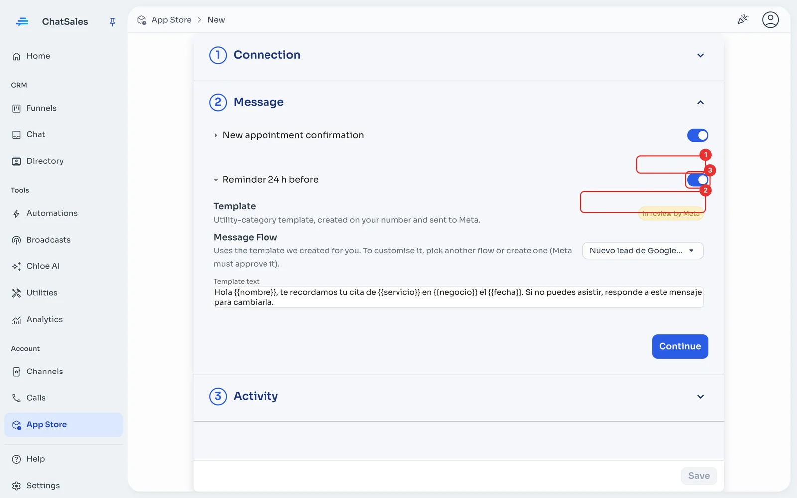 Message section with the template status and the flow