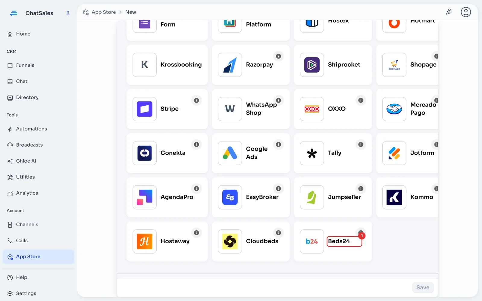 App gallery with the Beds24 card marked