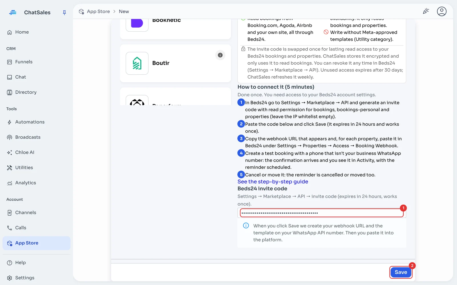 Beds24 invite code field and Save button