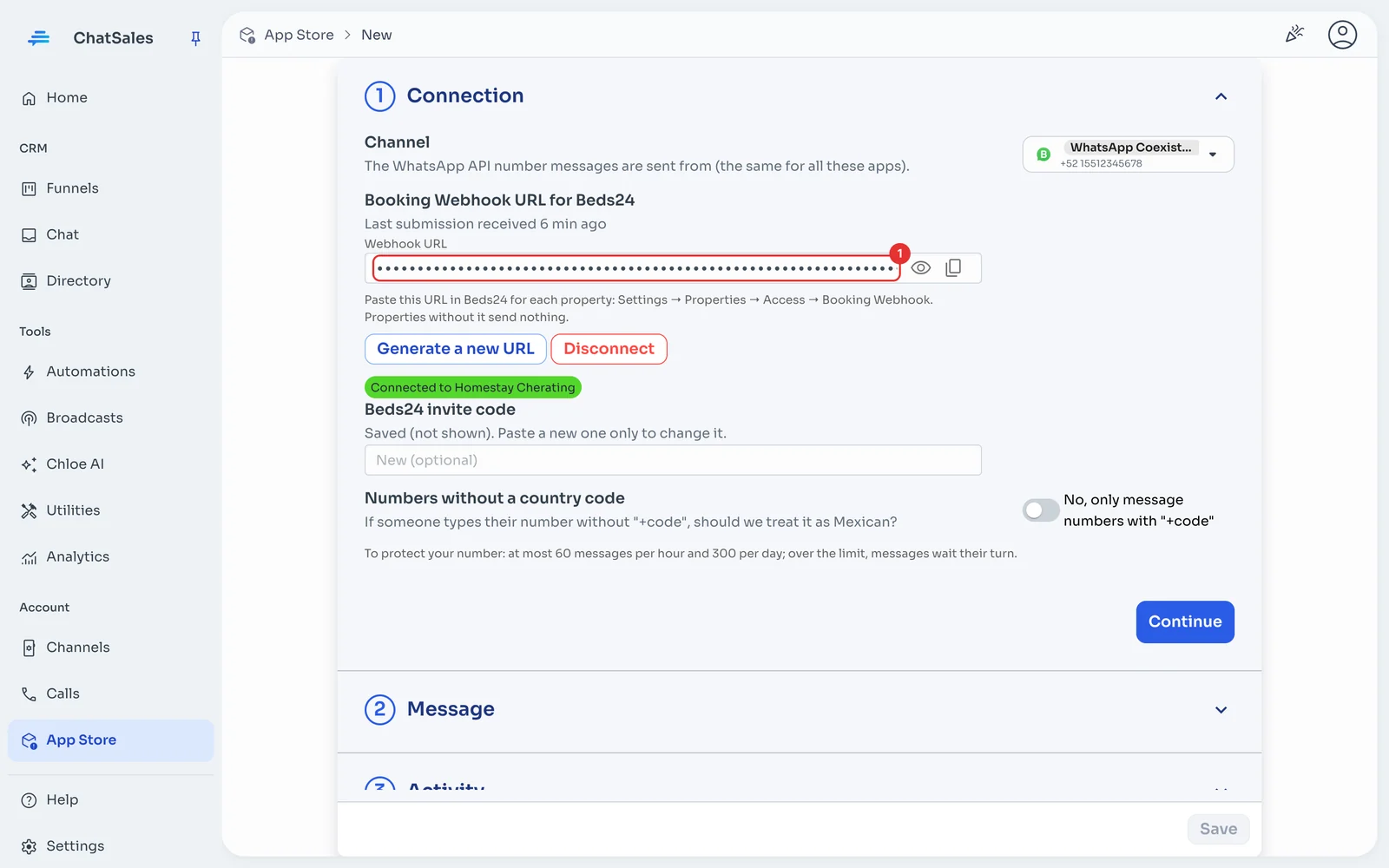 Connection section with the webhook URL