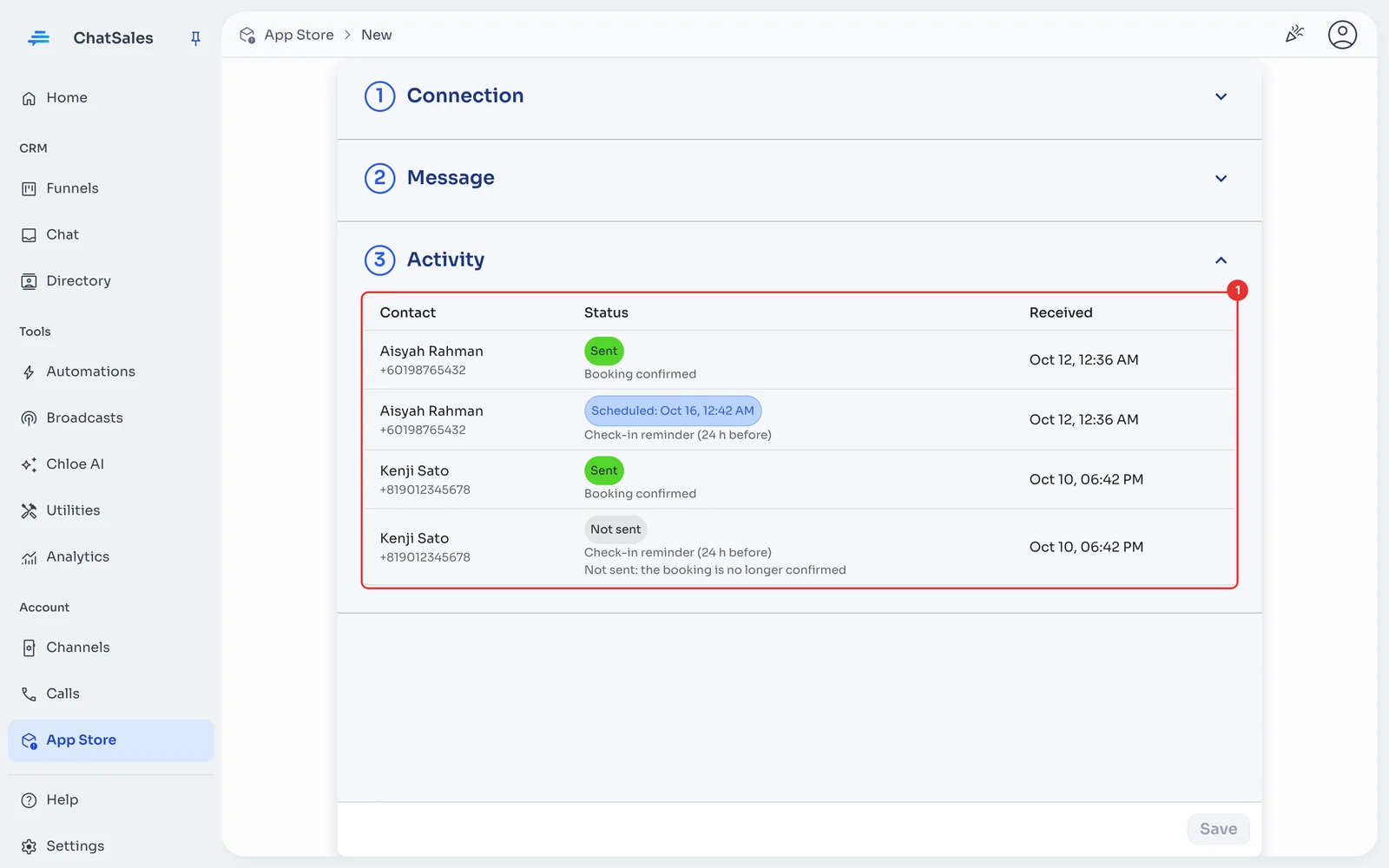 Activity section with the submissions received and their status