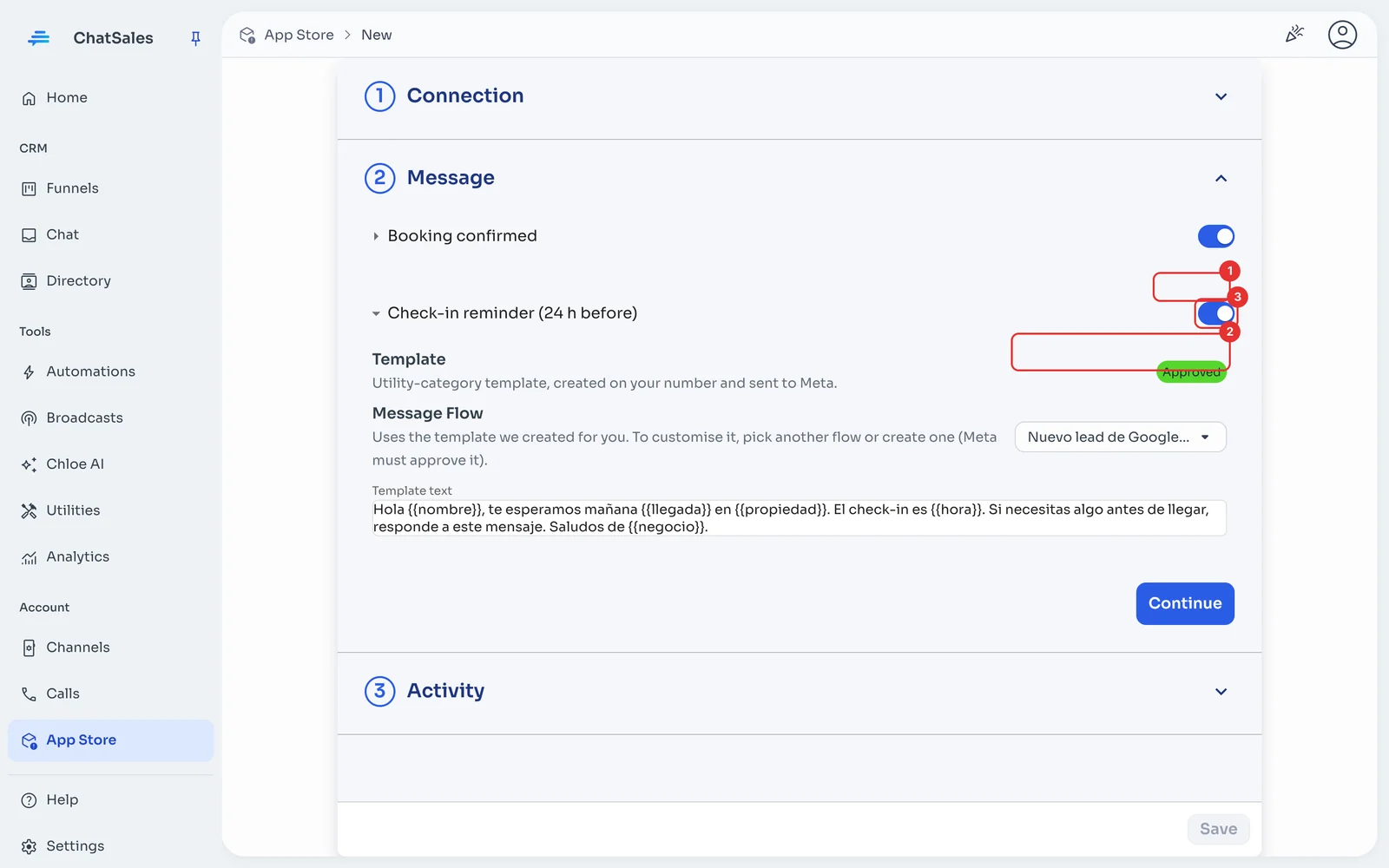 Message section with the template status and the flow