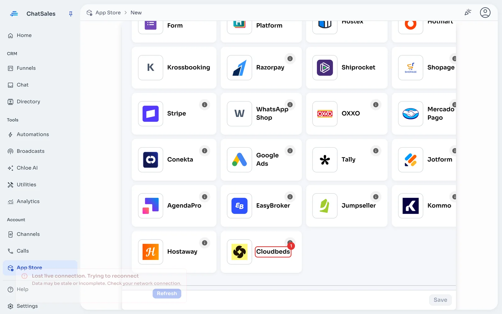 App gallery with the Cloudbeds card marked