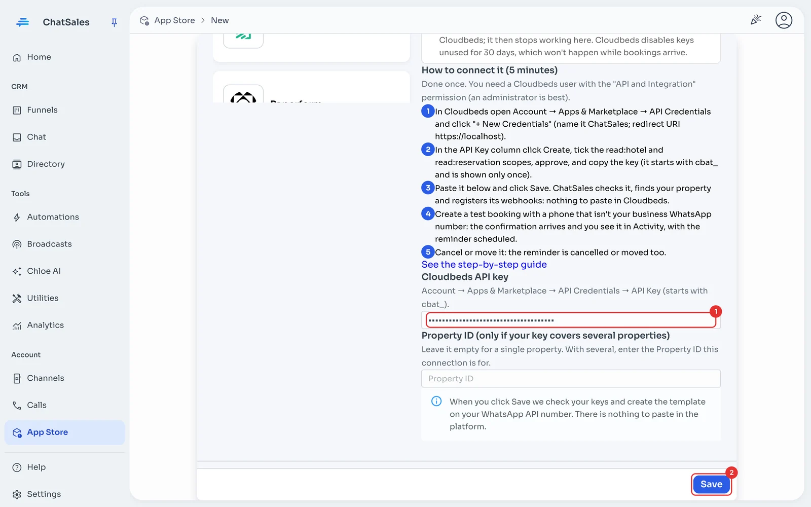 Cloudbeds API key field and Save button