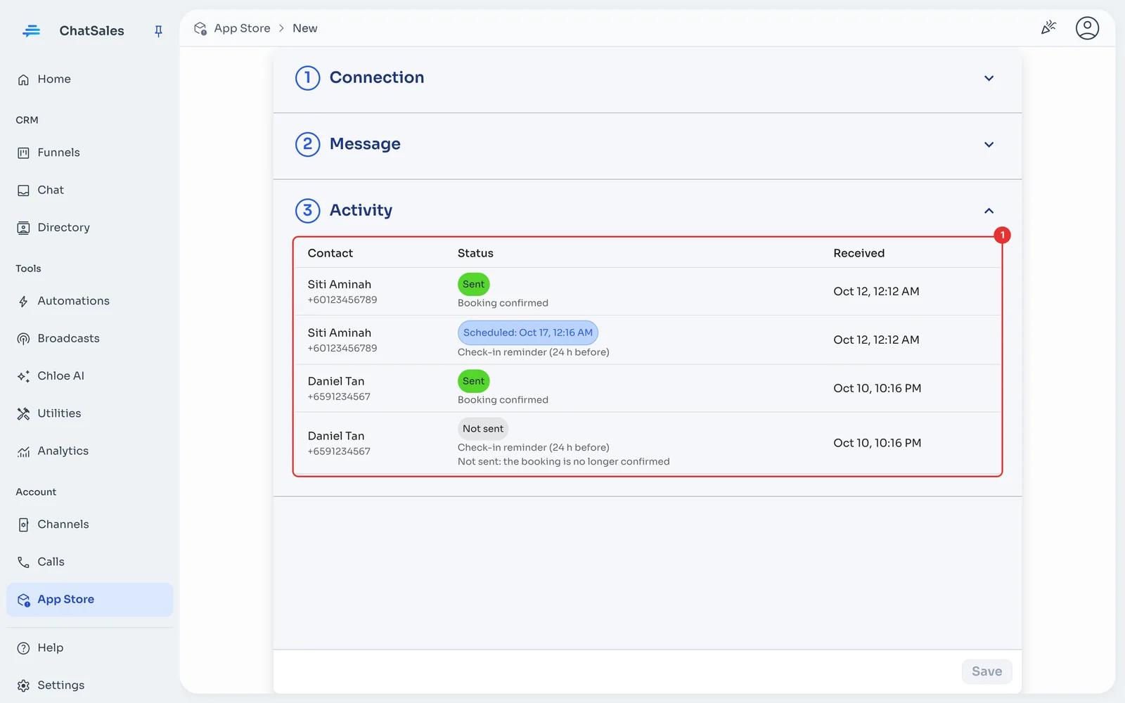 Activity section with the submissions received and their status
