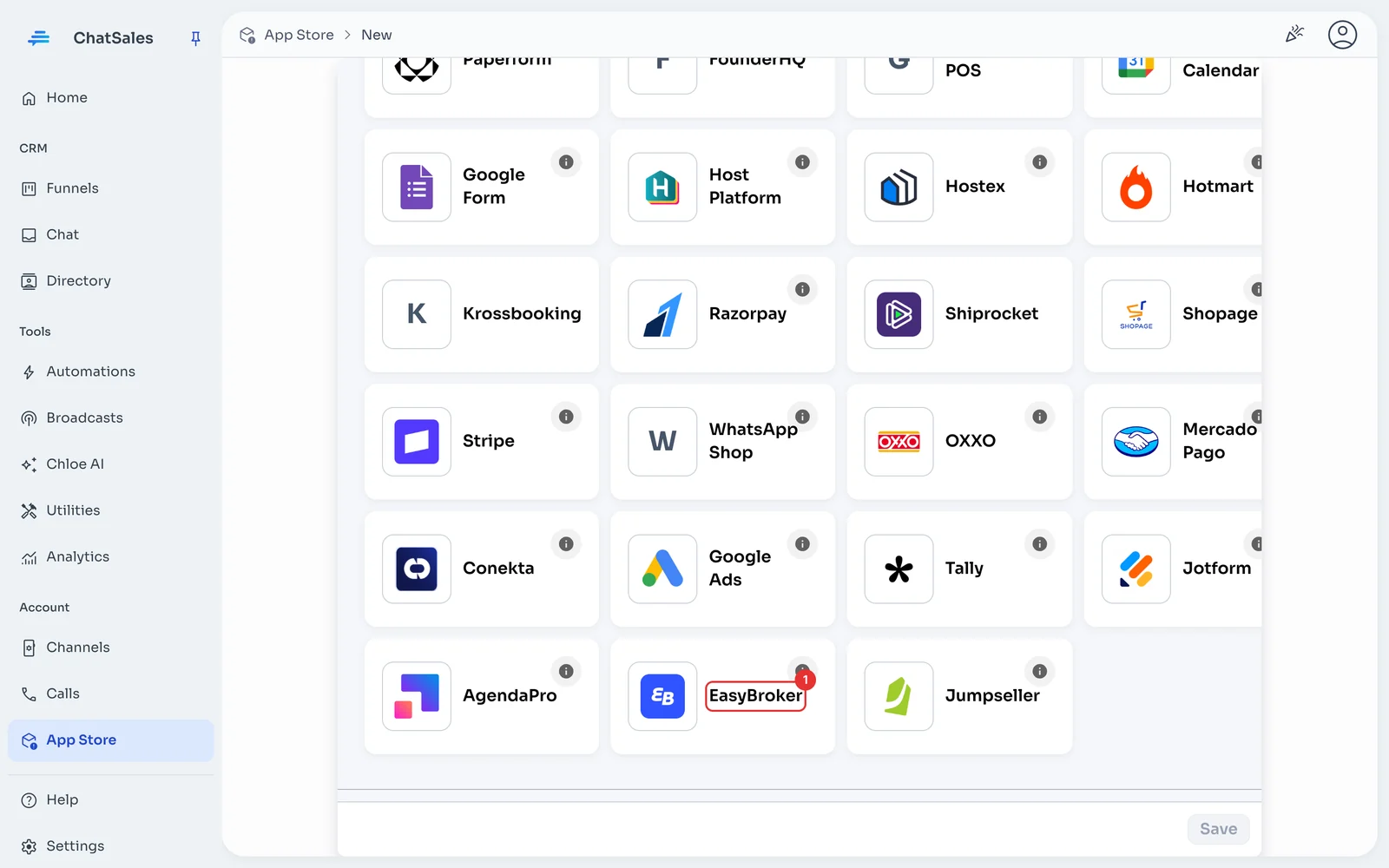 App gallery with the EasyBroker card marked