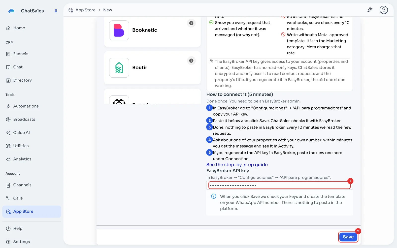 EasyBroker API key field and Save button