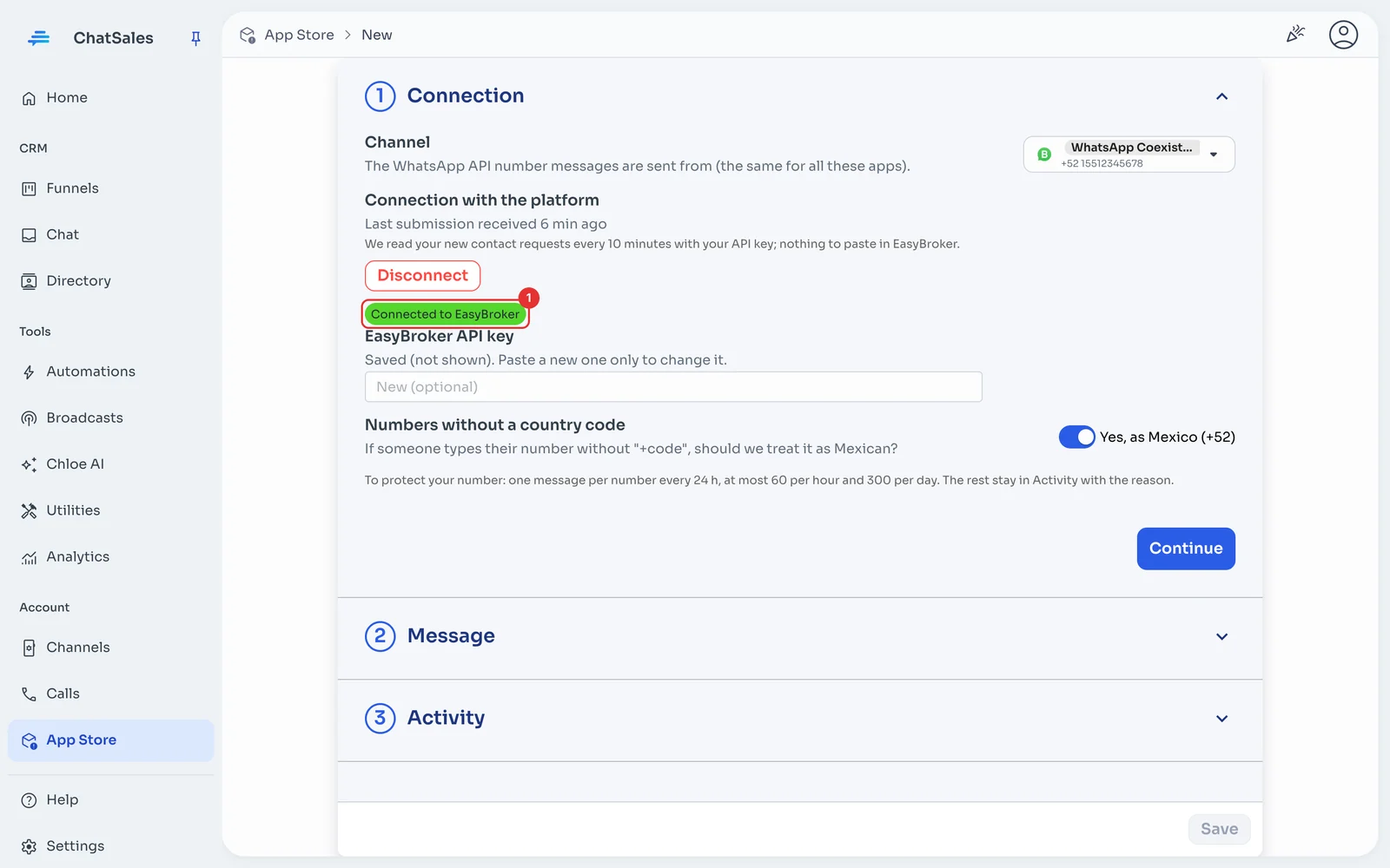 Connection section with Connected to EasyBroker