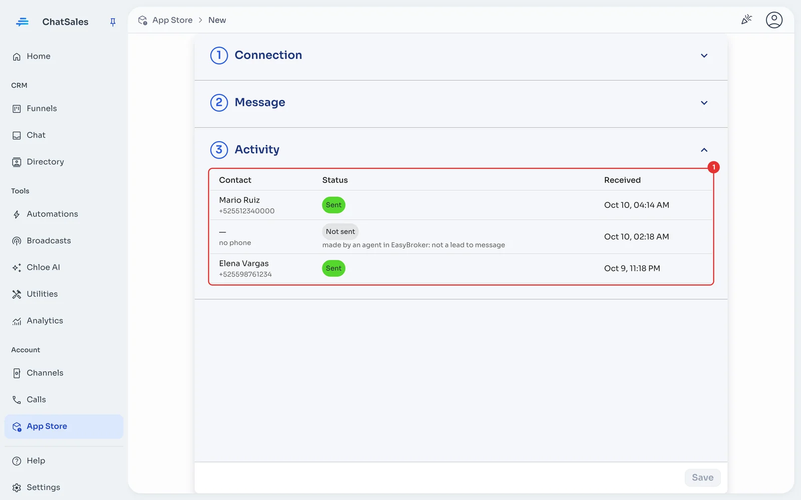 Activity section with the submissions received and their status