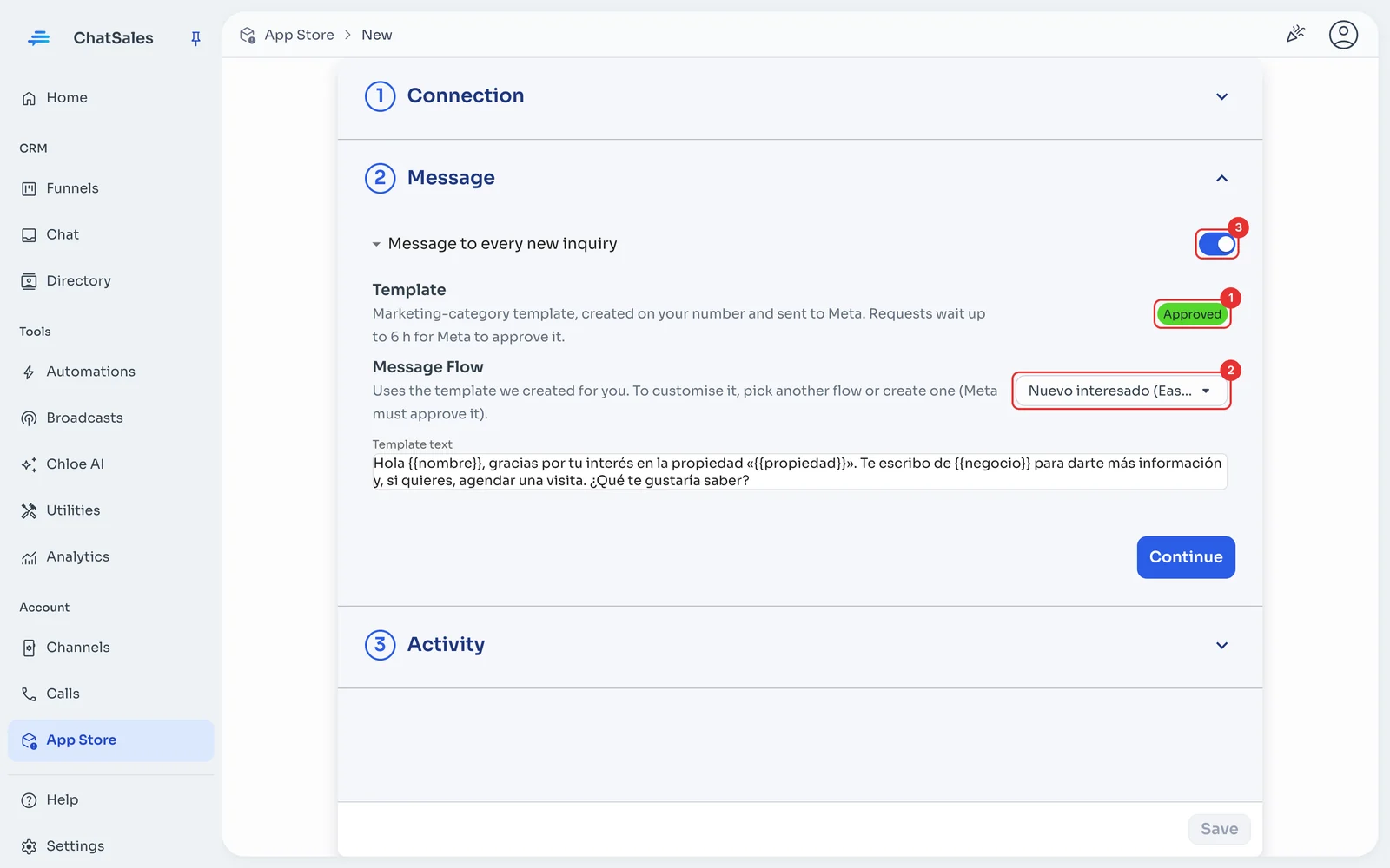 Message section with the template status and the flow