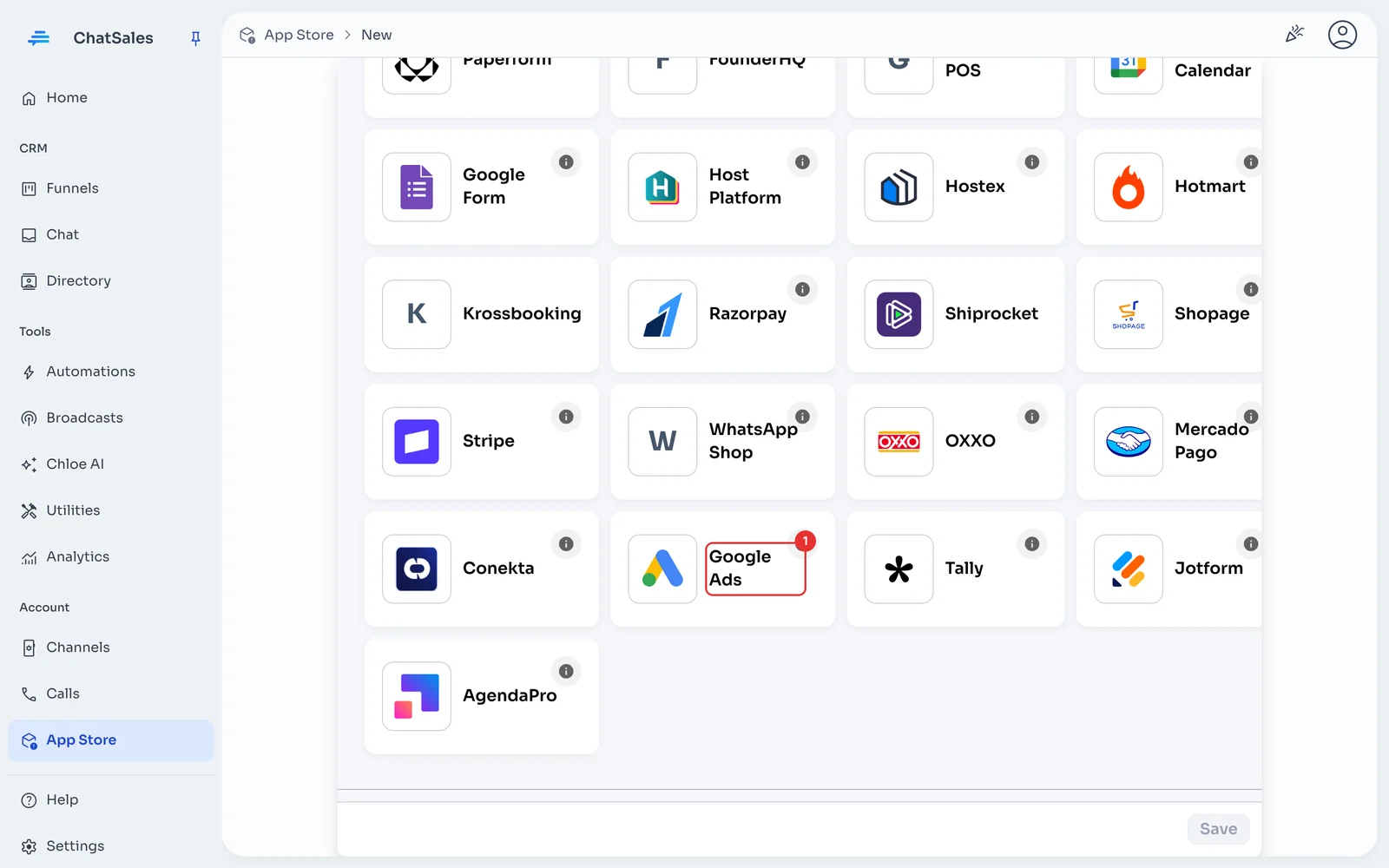 App gallery with the Google Ads card marked