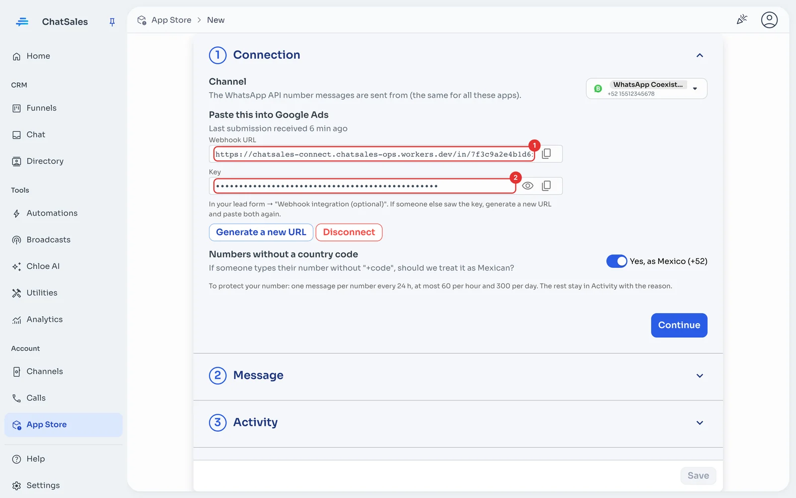 Connection section with the webhook URL