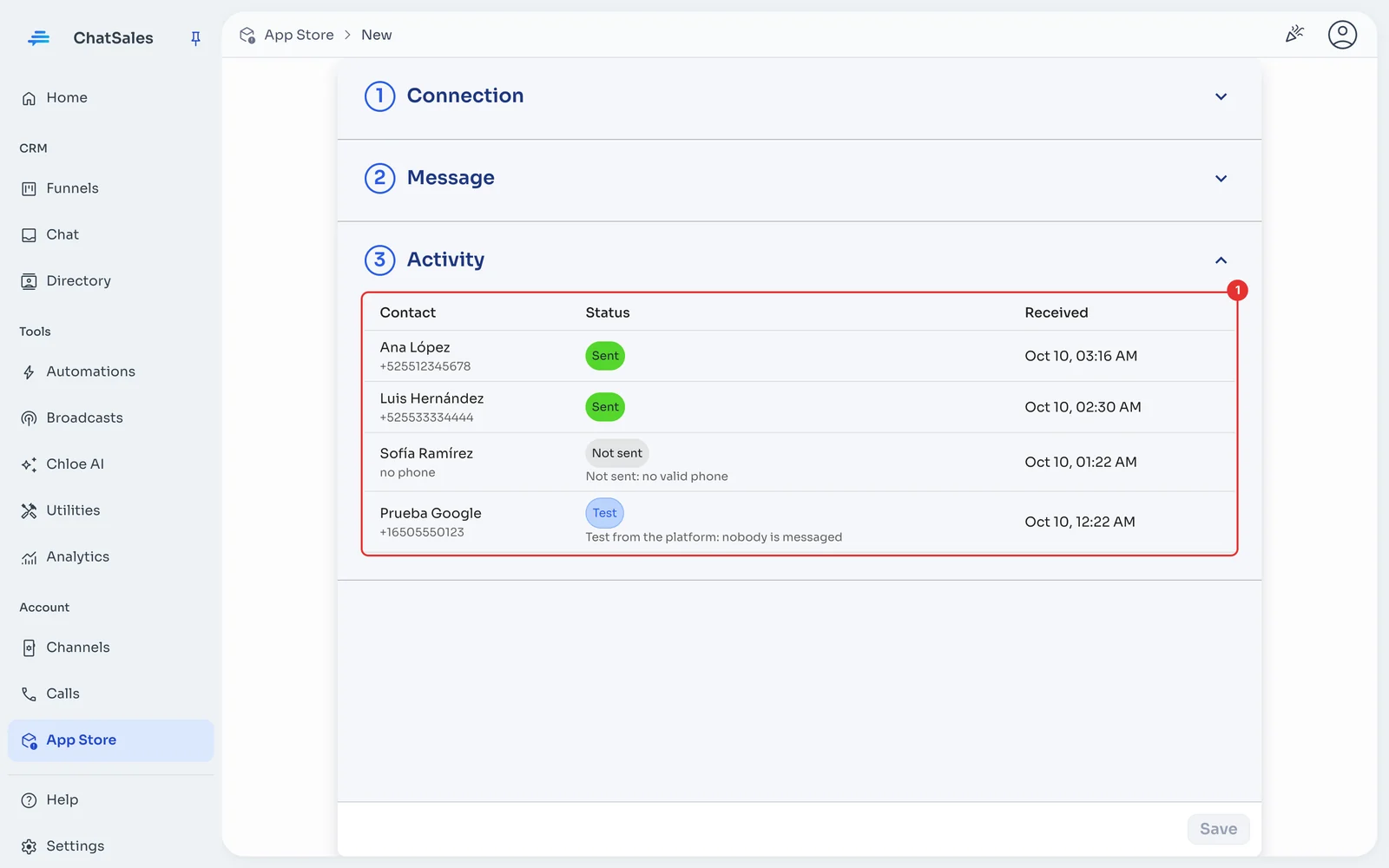 Activity section with the submissions received and their status