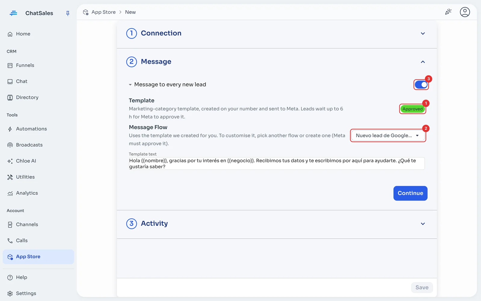 Message section with the template status and the flow