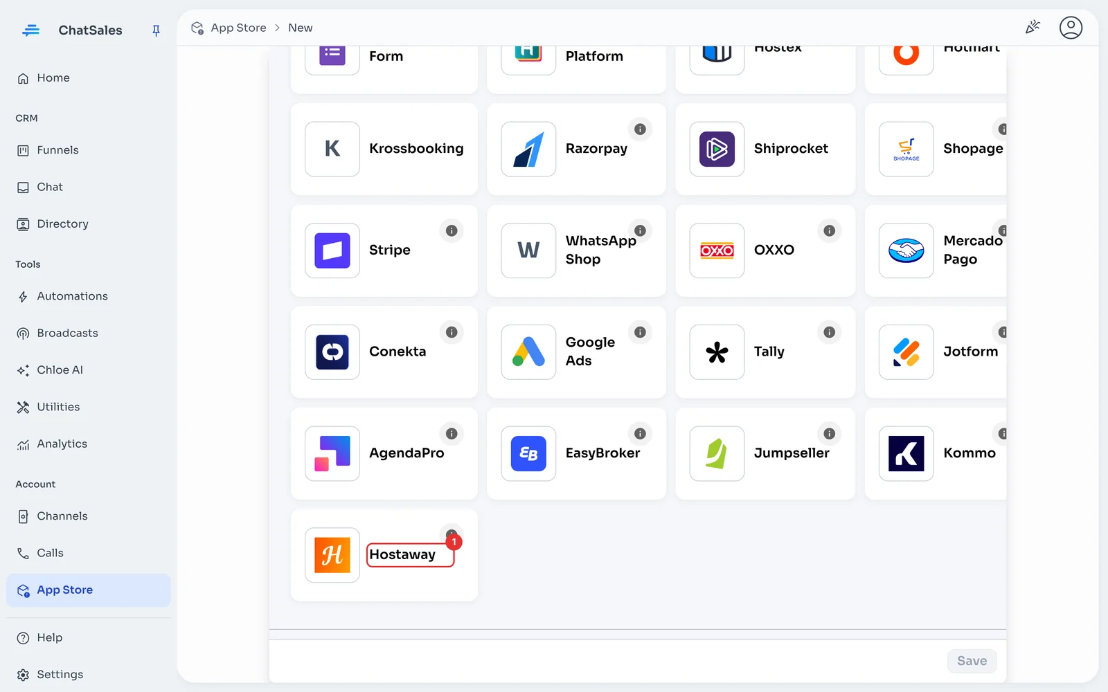 App gallery with the Hostaway card marked