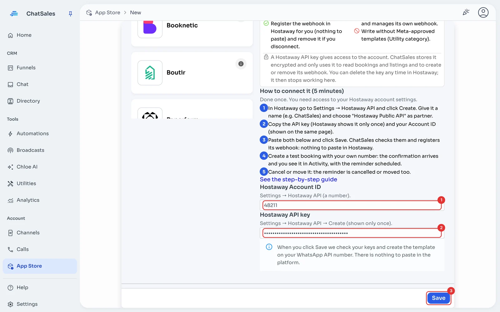 Hostaway Account ID and API key fields and Save button