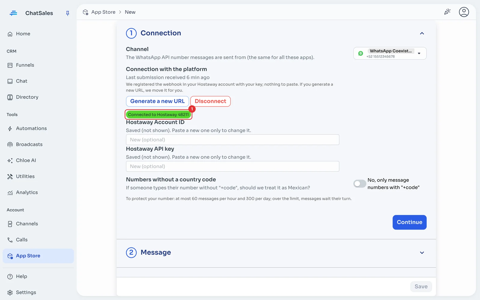 Connection section with the Hostaway account