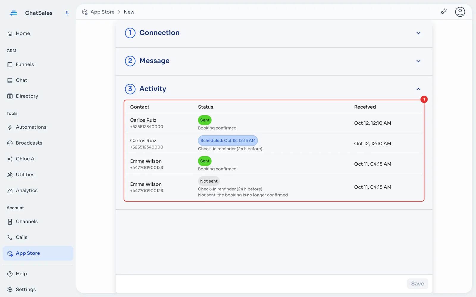 Activity section with the submissions received and their status