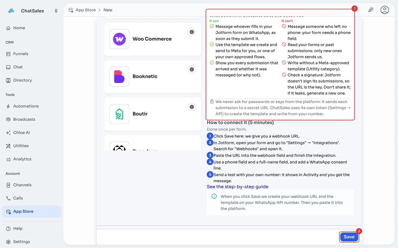 What it does and doesn't do box, steps and the Save button