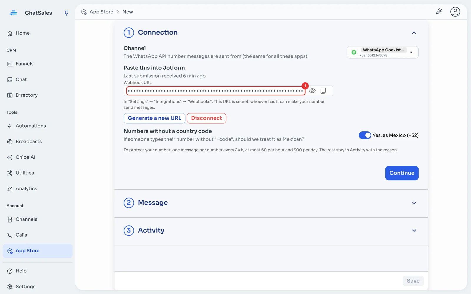 Connection section with the webhook URL