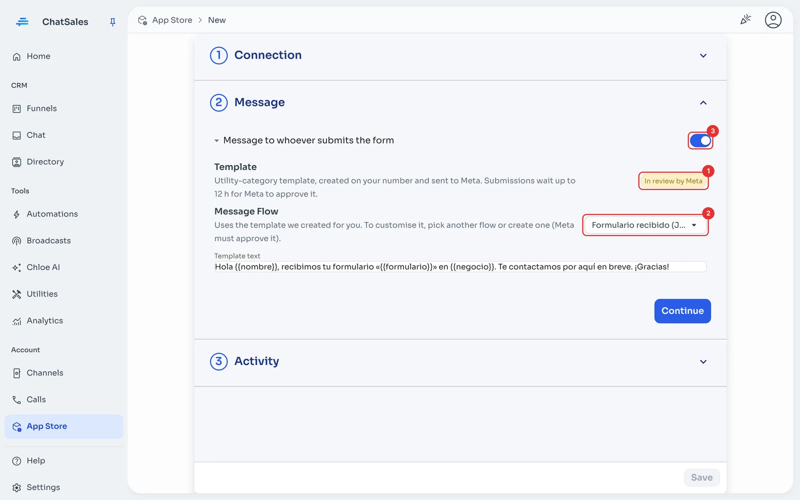 Message section with the template status and the flow