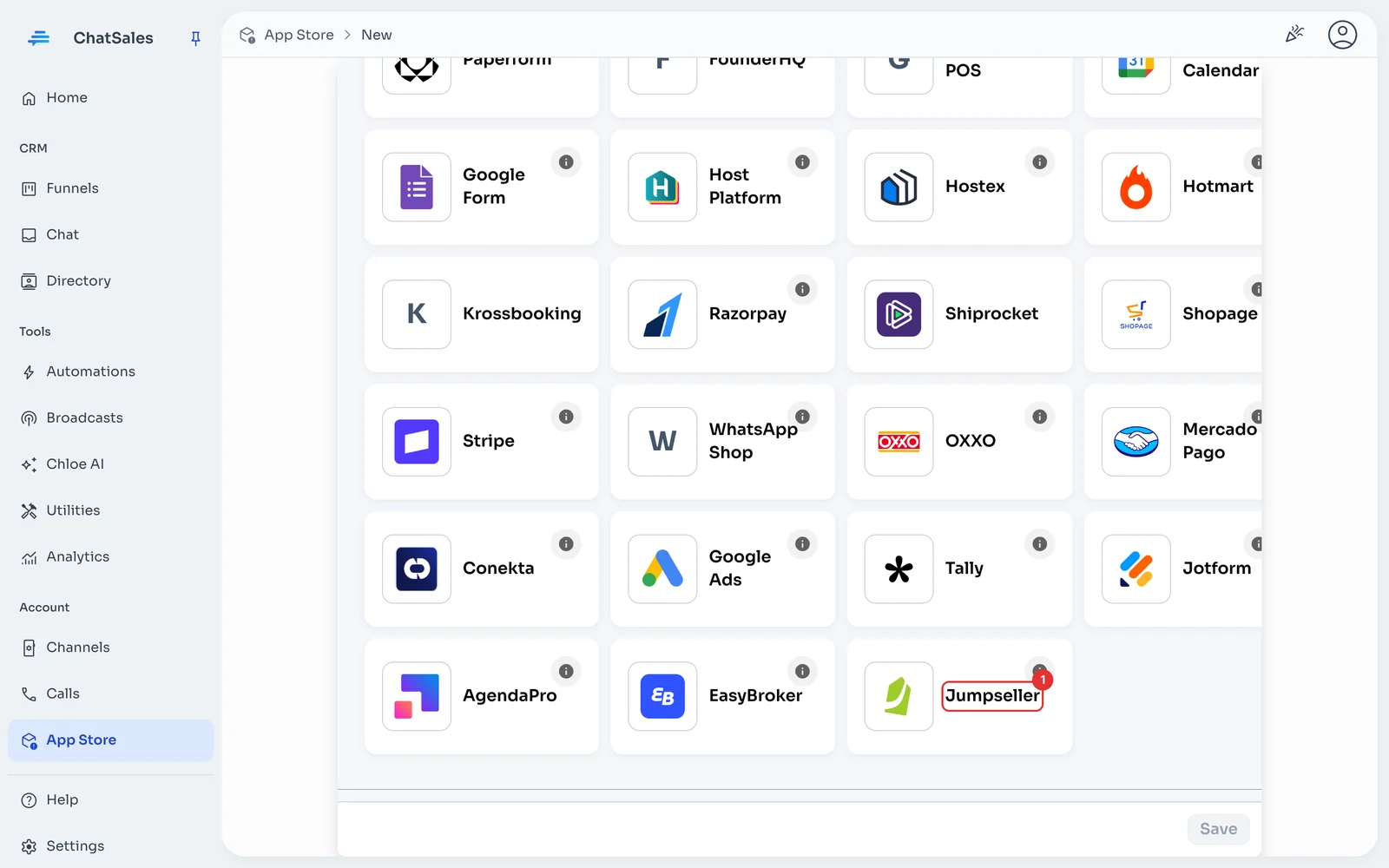 App gallery with the Jumpseller card marked