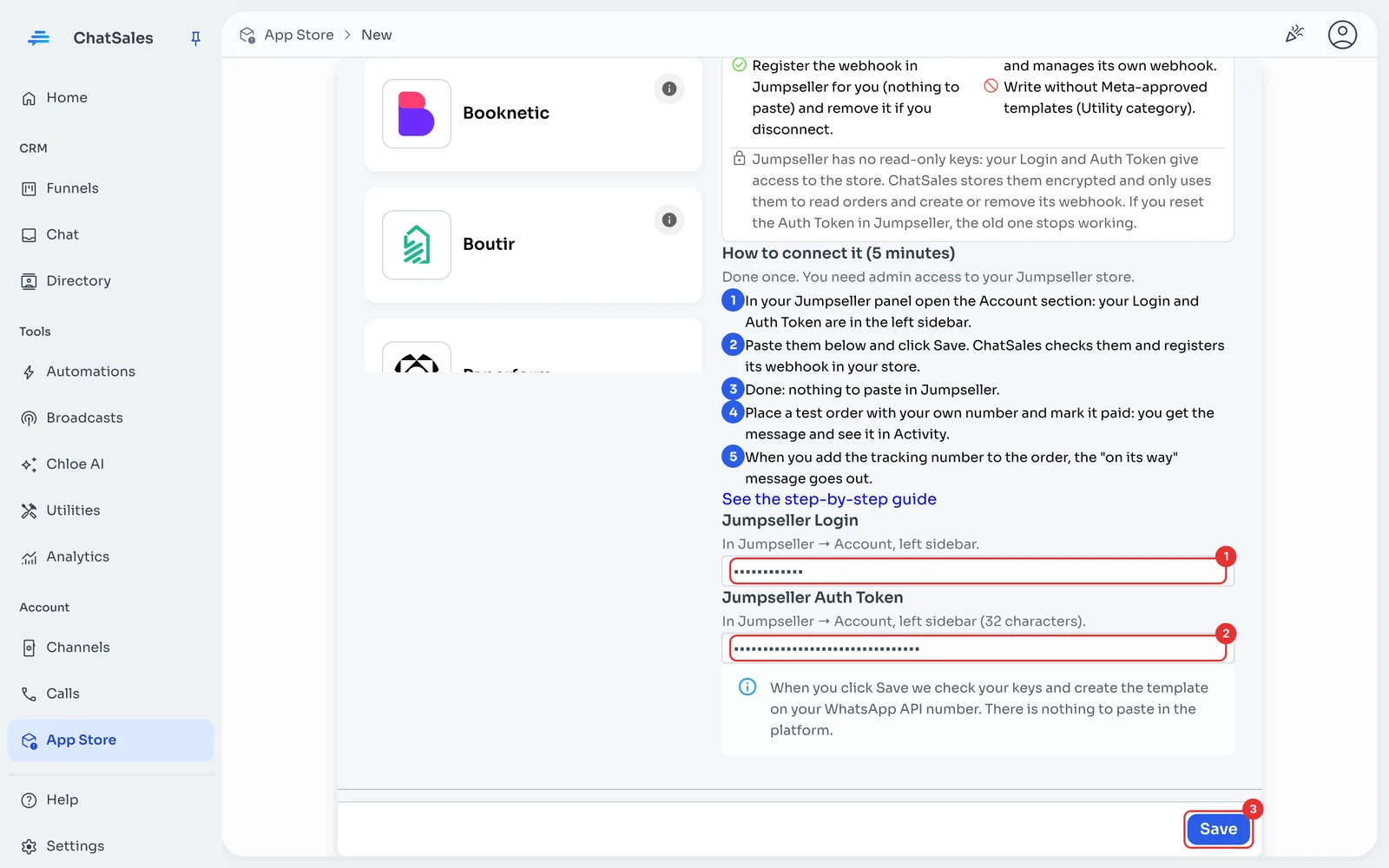 Jumpseller Login and Auth Token fields and Save button
