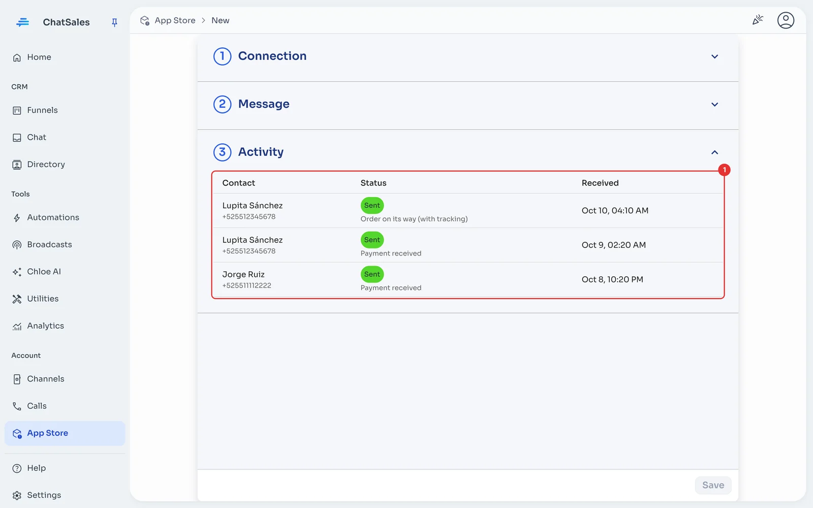 Activity section with the submissions received and their status
