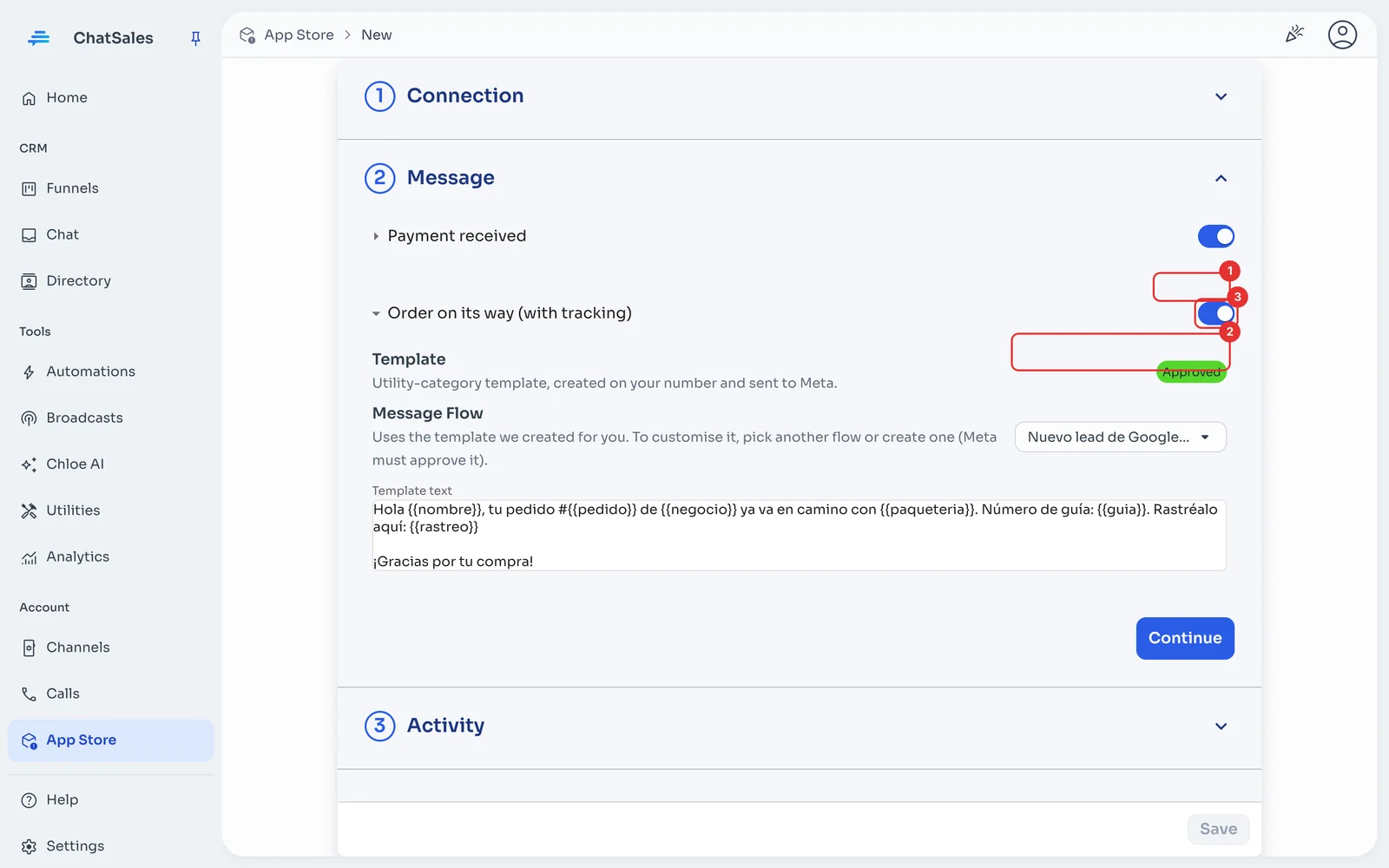 Message section with the template status and the flow