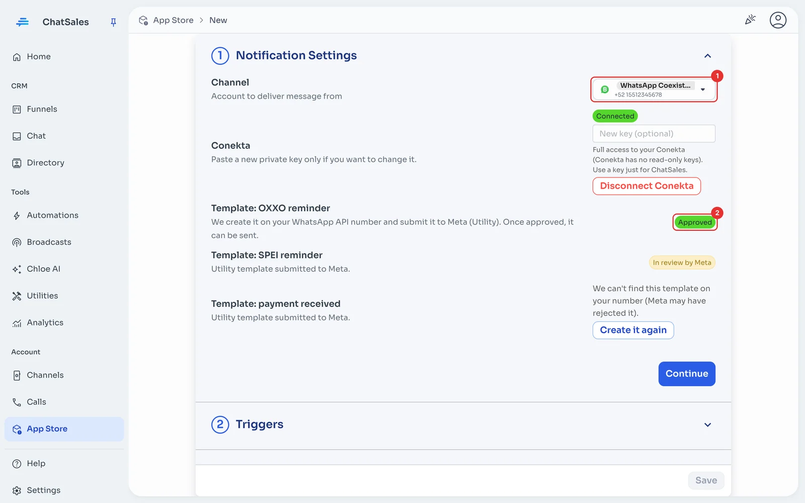 Settings with the channel and the templates' status